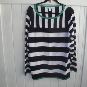 Susan Graver Women Sweater Preppy Top Size XL Navy Blue White Stripes Green